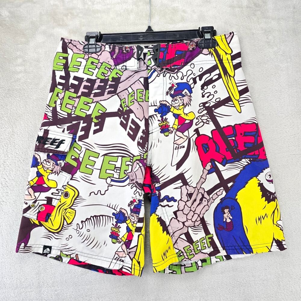 Vtg Reef Board Shorts Mens 32 White AOP Had Hatter Skulls Fish Y2K Surf Trunks